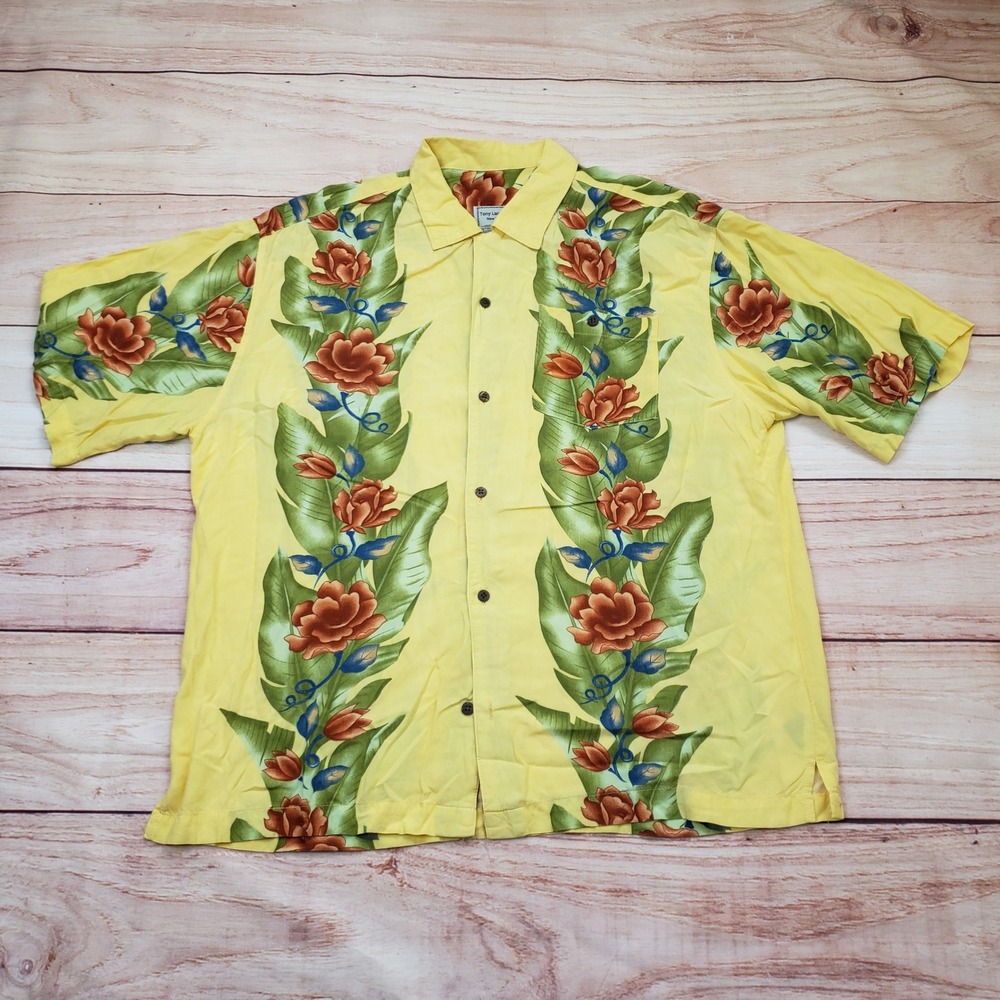 Tony Lambert Shirt Mens Large Yellow Button Floral Tropical‎ Rayon Hawaiian Camp
